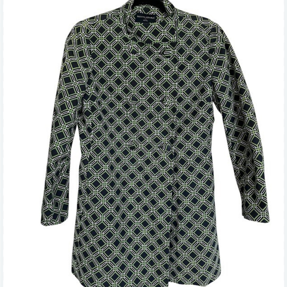 BANANA REPUBLIC | Chic Green & Blue Geometric Patterned Trench Coat | Size PS - Picture 4 of 7